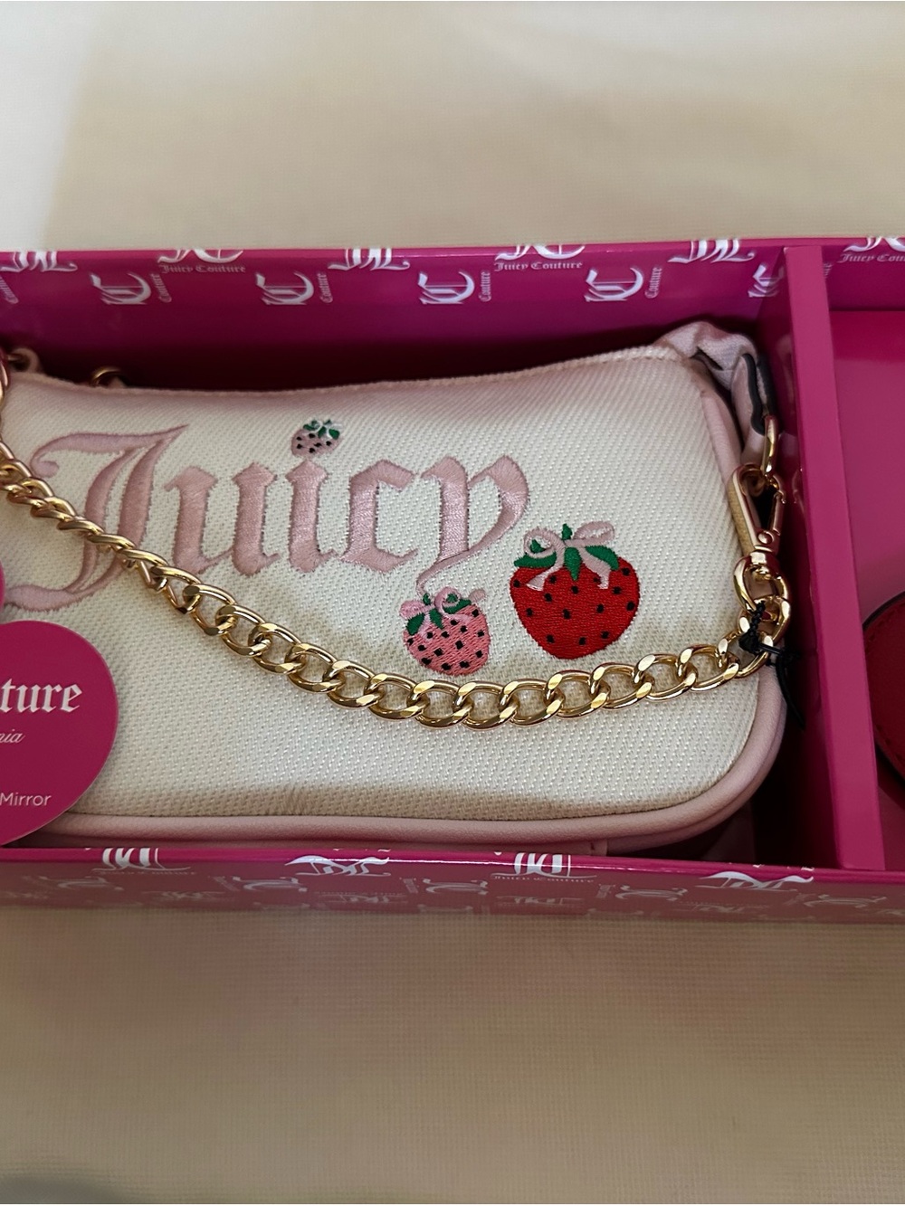 Juicy Couture Cream Canvas Wristlet with Gold Chain
